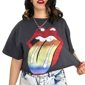 H&M Rolling Stones Graphic Crop Top Large Retro Rainbow Logo Crop Band Tee